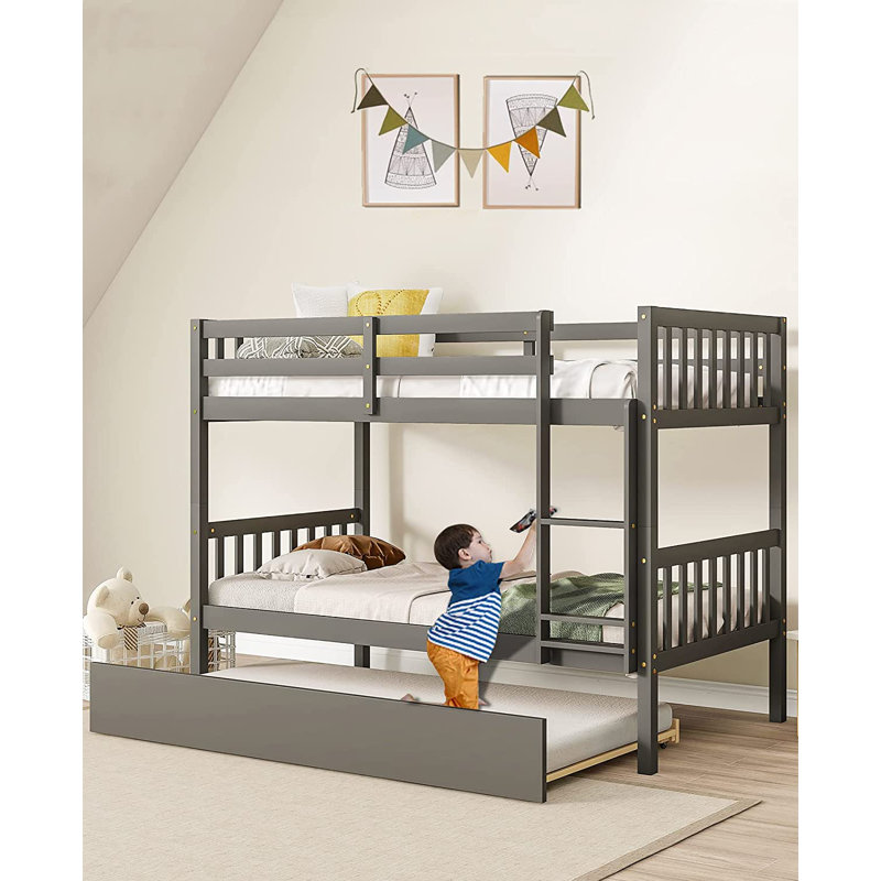 Sapphome Twin Over Twin Bunk Bed With Trundle Pine Wood Frame Ladder And Guard Rails Solid Bunk Bed With Trundle For Kids Teens Boys And Girls N